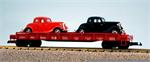 USA Trains Flat Cars Auto ATSF Auto Flat Car - Red w/Black & Red Ford Coupes