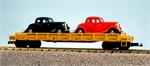 USA Trains Flat Cars Auto UP Auto Flat Car - Yellow w/Black & Red Ford Coupes